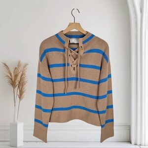 Everlane Wool Blend The Lace-Up Sweater in Chestnut/Blue Stripes Size Medium NEW